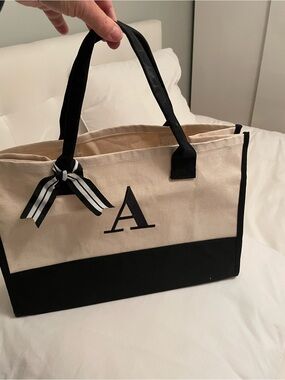 Canvas Tote Bag with Black Trim and Monogram A